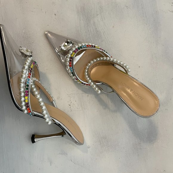 MACH & MACH Slip On Mule Diamond Of Elizabeth  Pearl Pointed Toe Stiletto Heels - Picture 6 of 11